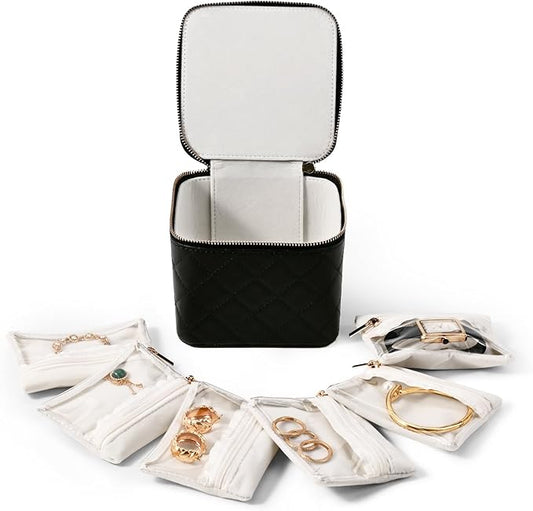 Travel Jewelry Box Organizer - Small Jewelry Case with 6 Small Velvet Zipped Pouches Pockets for Jewelry Necklaces Rings Earrings Storage(Black)