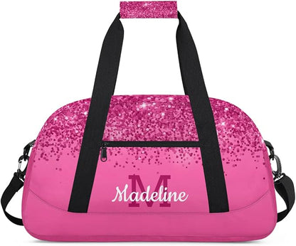 Personalized Kids Sports Duffel Bag with Name Custom Weekender Overnight Bag for Boys Girls Gym Bag Travel Dance Gymnastics Duffel Bag, DeepPink Glitter