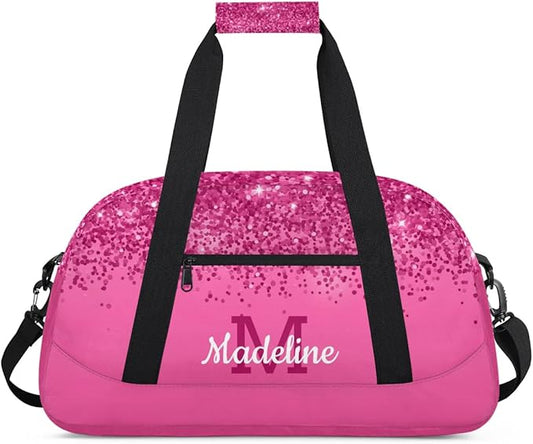 Personalized Kids Sports Duffel Bag with Name Custom Weekender Overnight Bag for Boys Girls Gym Bag Travel Dance Gymnastics Duffel Bag, DeepPink Glitter