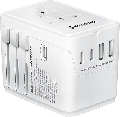 Universal International Plug Travel Adapter, 6 in 1 Wall Charger with 3 Type-C 5.8A 29W PD Fast Charging & 2 USB-A 5.8A & Multi AC Outlet Adaptor for USA EU UK AUS 200+ Countries