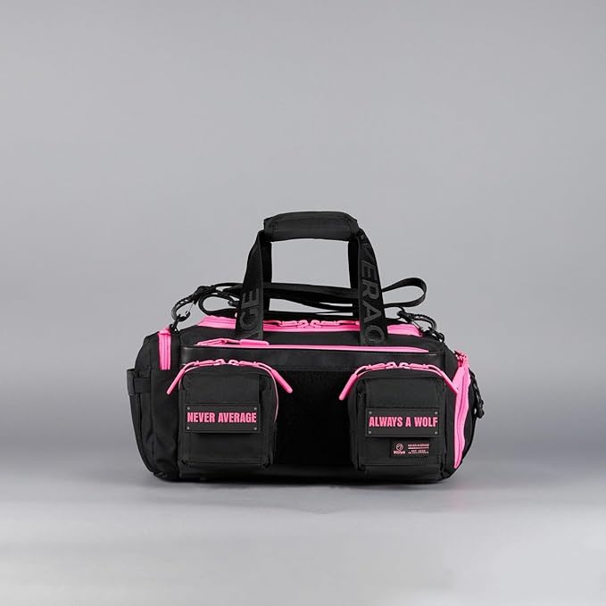 WOLFpak 20L Mini Duffle Bag for Gym & Travel | Waterproof Carry-On Weekender Bag with Shoe Compartment, Hard Bottom, and Tactical Molle System (Neon Pink)