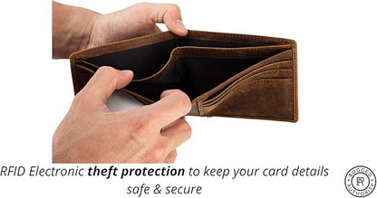 Brown Mens Leather Bifold Wallet with RFID Blocking Theft Protection, 5 card wallet slots & ID Window. Slim minimalist, distressed leather wallets for men.