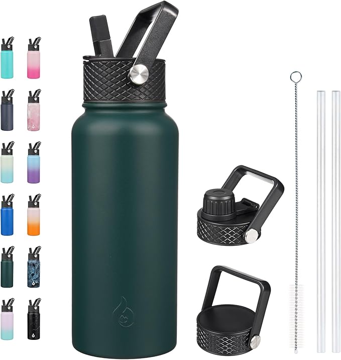 BJPKPK Insulated Water Bottles with Straw Lid, 32oz Metal Large Water Bottle with 3 Lids, Reusable Leak Proof BPA Free Thermo, Stainless Steel Tumblers for Sports, Gym, Travel-Army Green