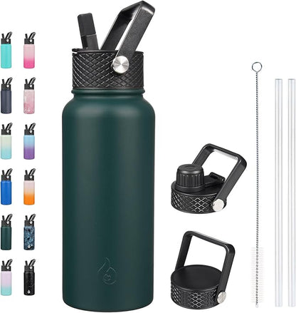 BJPKPK Insulated Water Bottles with Straw Lid, 32oz Metal Large Water Bottle with 3 Lids, Reusable Leak Proof BPA Free Thermo, Stainless Steel Tumblers for Sports, Gym, Travel-Army Green