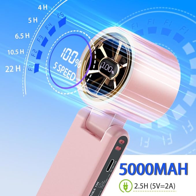CAZOKASI Rechargeable Strong Wind Handheld Fan With Ambient Lighting 4 IN1 5000mAh Upto 22H For Desktop Waist Clip Neck (StrongWind/Pink)