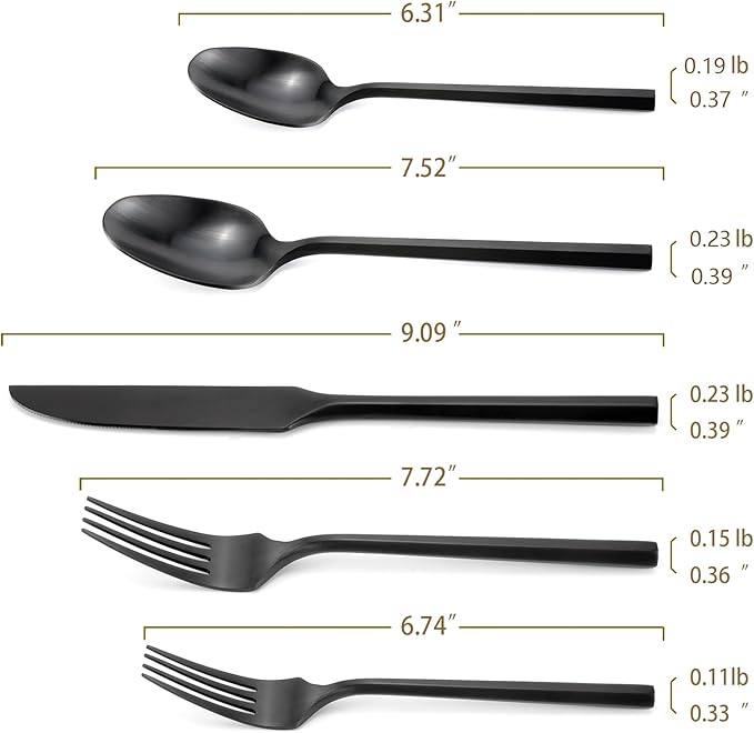 DEACORY Silverware Set Flatware Set Matte Black Cutlery Set Brushed Finished Hexagon Handle Heavy Stainless Steel 20 Pieces Dishwasher Safe Service for 4