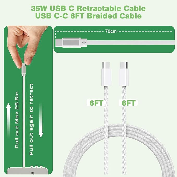 Universal Travel Adapter,35W 4 USB Port(3C/1A) International Power Adapter,European Travel Plug Adapter Retractable Type-C Cable+USB C 6FT Cable,Worldwide Plug Charger for EU UK USA AUS(Type C/G/A/I)