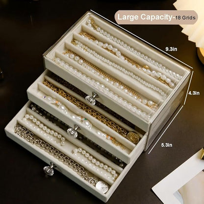 SPAKOWN Necklace Organizer Box, Velvet Necklace Box Holder Tray with Clear Lid Chains Showcase Stackable Necklace Storage for Pendant Bracelet (3 Drawers - Black)