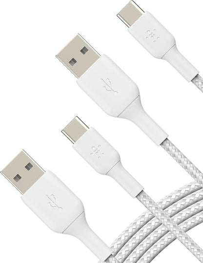 Belkin BoostCharge Braided USB-C to USB-A Charging Cable (3.3ft/1M) for iPhone 17 & 16 Series, Samsung Galaxy S25 Series, Google Pixel 10, iPad Pro, Nintendo Switch 2, Carplay, & More - White (2-Pack)