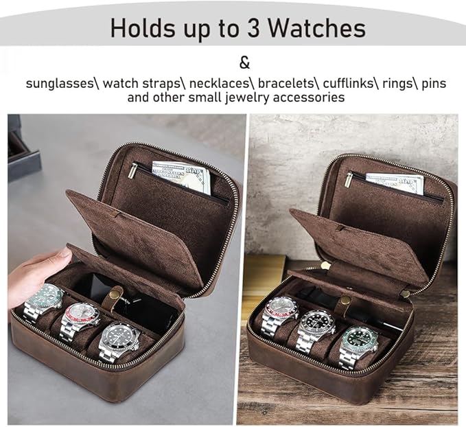 CONTACTS Watch Case Travel Sunglasses Holder for Men Full Grain Leather Jewelry Organizer for 3 Watches and Watch Straps or 1 Sunglasses