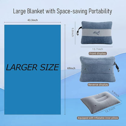 Melissa Large Travel Blanket and Inflatable Pillow Set - 69“ x 43.3” – Soft Blanket with Carry Bag – Lightweight, Compact & Washable for Backpacking, Hiking, Airplane, Car, Office, Camping (Blue)