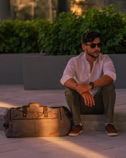 S-ZONE 65L Expandable Canvas Duffle Bag Travel Overnight Holdall Weekend Bag with Shoes Compartment Large Carry On Bag Tote Gym Bag for Men Women, Grey, L