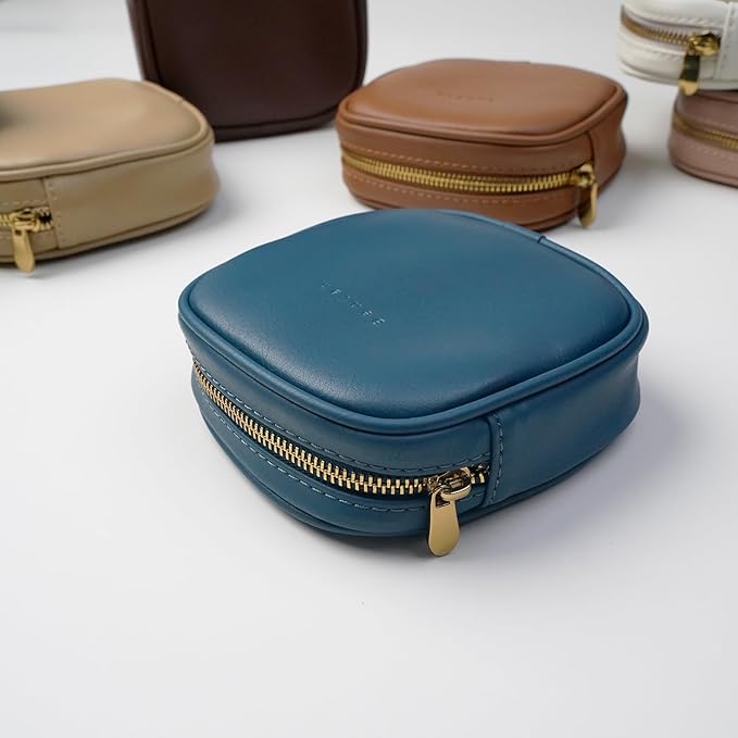 Leather Cosmetic Bag for Women Small Zipper Makeup Bag for Purse Waterproof Travel Makeup Organizer Charger Storage Pouch Color Blue