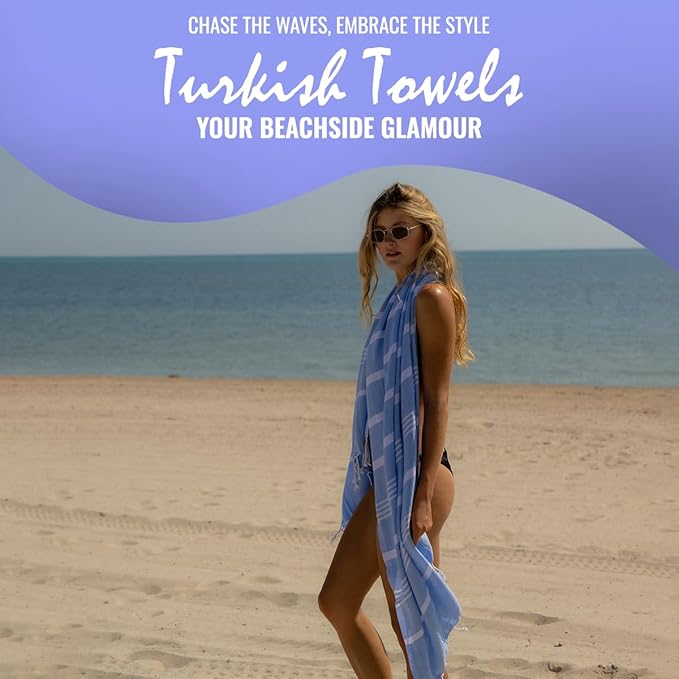 Beach Towel 100% Cotton Turkish Beach Towel Adult 38x70 Inch Pre-washed Absorbent Extra Large|Sand Free Quick Dry BathTowels|Lightweight Blanket|Travel Cruise Camping Spa Gym Towels|Directoire Blue