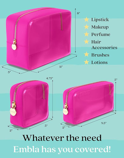 Clear Cosmetic Bags Set of 3, Mini Small Large Makeup Bags For Women Clear Pouch Cosmetics Cases Zipper Cute Pouches Make Up Travel Toiletry Essentials Preppy Purse Organizer Makeup Cases, Fuchsia