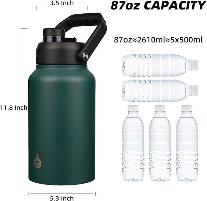 BJPKPK 87oz Insulated Water Bottle, Dishwasher Safe 2/3 Gallon Water Bottle with Ergonomic Handle, BPA Free Leak Proof Water Jug,Stainless Steel Metal Flasks with Anti-slip Bottom, Army Green