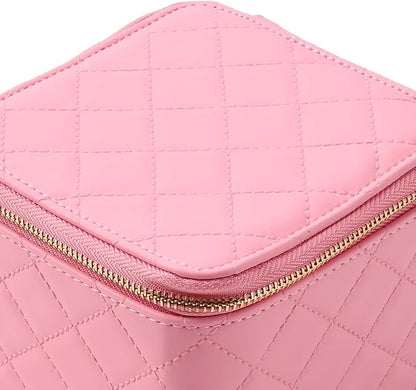 Travel Jewelry Box Organizer - Small Jewelry Case with 6 Small Velvet Zipped Pouches Pockets for Jewelry Necklaces Rings Earrings Storage(Pink)