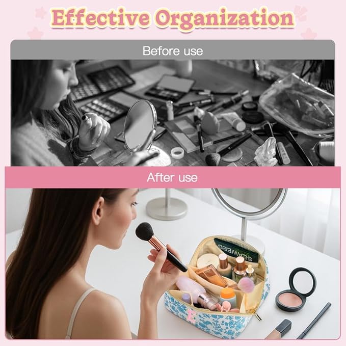 Personalized Travel Makeup Bag Set,Initial Travel Cute Floral Makeup Organizer Bag,Toiletry Skincare Cosmetic Bag,Christmas Gifts for Women/Girls,Open Flat Toiletry Pouch with Brush Pocket-T