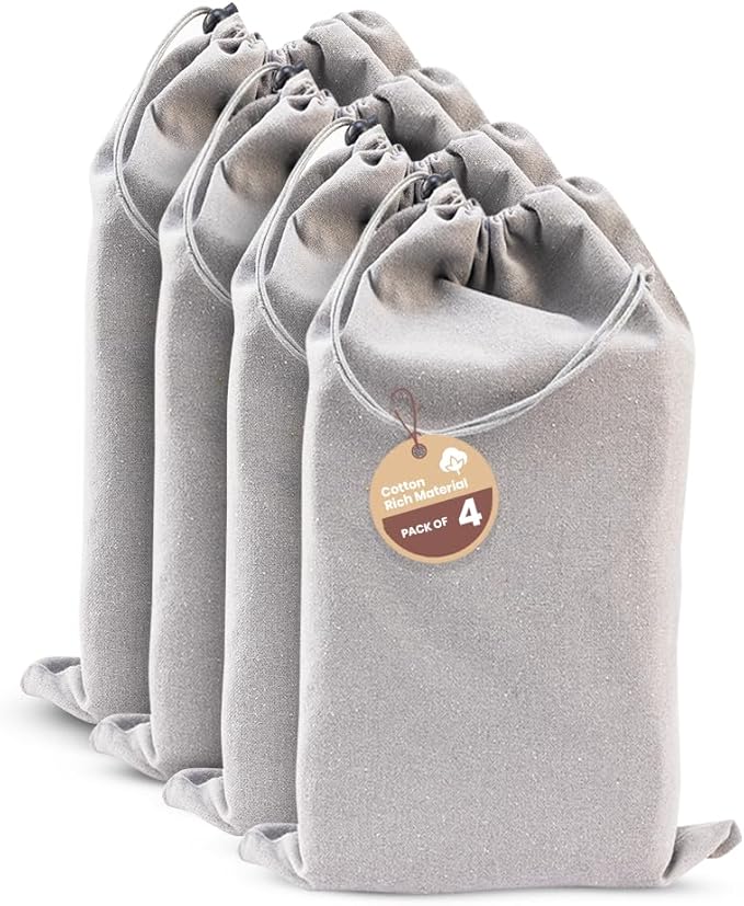 LFH Cotton Rich Shoe Storage Bags with Drawstring, Dustproof Breathable Reusable Organizer, Perfect For Travel, Dorm, Hotel, College, Gym, Easy to Carry, Machine Washable 12"x17" (Pack of 4) - Grey