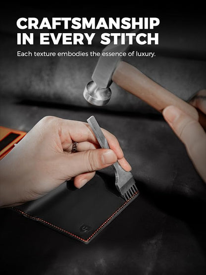 LORZOR Wallet for Men with Metal Card Holder, Pop Up Wallet, Finest Full Grain Leather Trifold Wallet, Smart, Minimalist, RFID Blocking, Front Pocket, ID Window, Black/Orange