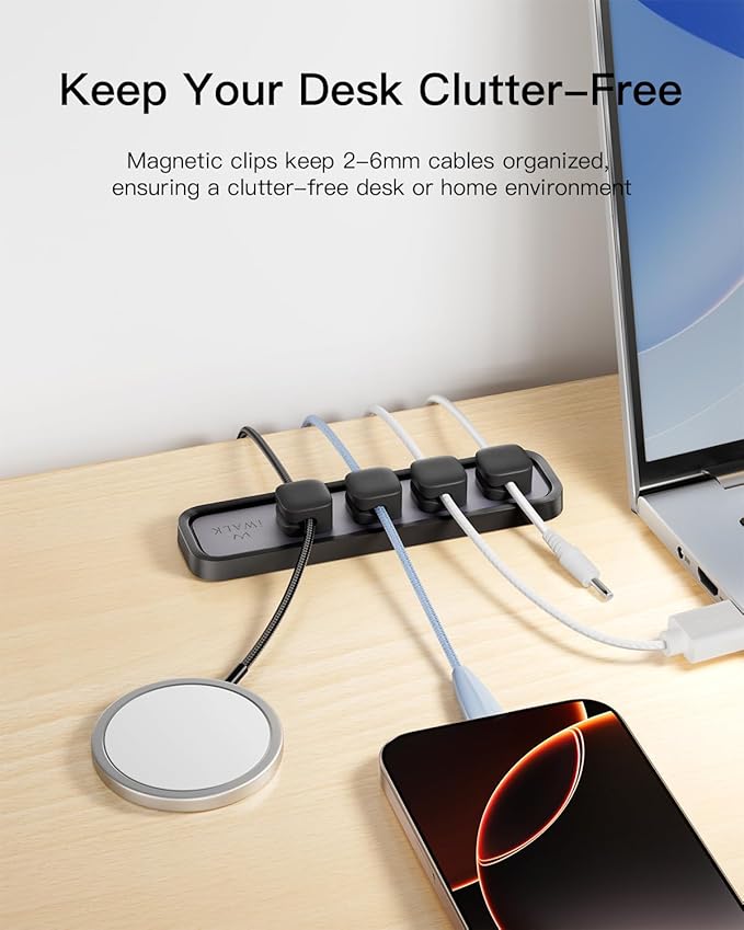 iWALK Magnetic Cable Holder,Reusable Adhesive Desktop Cord Organizer for 2-6mm Cables,4 Clips for Lightning & USB C/Micro Cables,Sticks to Wood,Glass,Metal, Marble,2-Pack,Black