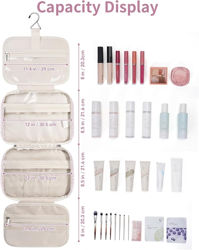 Narwey Travel Toiletry Bag for Women Large Hanging Makeup Bag Organizer Toiletries Bag for Full Size Essentials Accessories Cosmetics (Pink Flower Buds (Large))