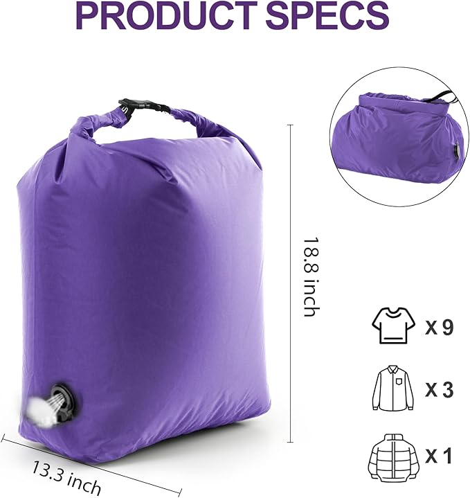 Travel Laundry Bag, Vacuum Compression Dirty Clothes Travel Bag Waterproof Wet Dry Bags Large Capacity Space Saver Bags Reusable Camp Clothes Organizer for Sports Dorm Laundromat (1 Pcs) (Purple, M）