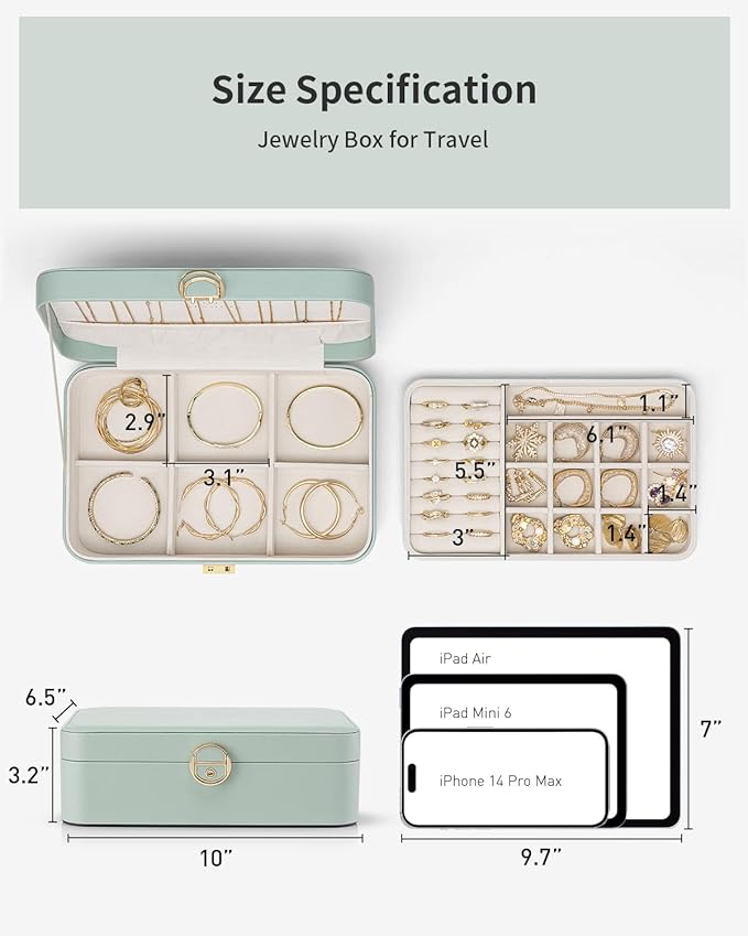 Vlando Jewelry Box Organizer for Women Girls, 2 Layer Jewelry Case with Lock,Jewelry Storage Earrings Necklace,Rings,Gift Box Packaging,Wedding Birthday Gifts Aqua Green