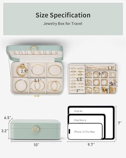 Vlando Jewelry Box Organizer for Women Girls, 2 Layer Jewelry Case with Lock,Jewelry Storage Earrings Necklace,Rings,Gift Box Packaging,Wedding Birthday Gifts Aqua Green