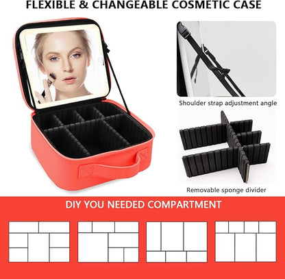 Travel Makeup Bag for Women and Makeup Artists Cosmetic Organizer Large Makeup Case,Travel Makeup Bag with Mirror 3 Color Setting,Portable Storage and Adjustable Dividers(red)