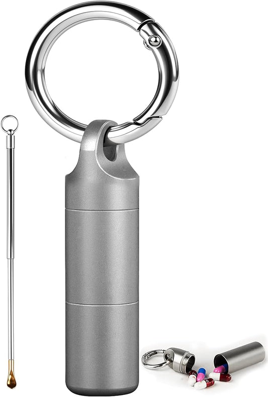 Small Keychain Pill Holder,304 Stainless Steel Portable Pill Case Organizer for Travel,Waterproof Pocket Pill Container Medicine Box for Purse Men (Small 0.49in with Spoon)