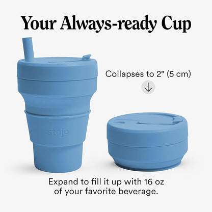 STOJO Collapsible Travel Cup With Straw - Steel Blue, 16oz / 470ml - Reusable To-Go Pocket Size Silicone Bottle for Hot and Cold Drinks - Perfect for Camping and Hiking - Microwave & Dishwasher Safe