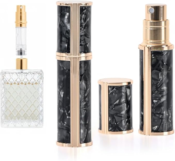 Ms Lovely Pearlescent Travel Perfume Atomizer Bottle – 5ml Refillable Mini Spray for Purse, TSA Approved Portable Fragrance Dispenser (Black with Gold)