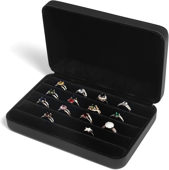 Jewelry Ring organizer Box, Portable Small Storage Display Case, Fashion Jewelry Tray Holder Showcase, Ring Boxes for Multiple Rings Fits for Travel or Home Organizers (Black Big)