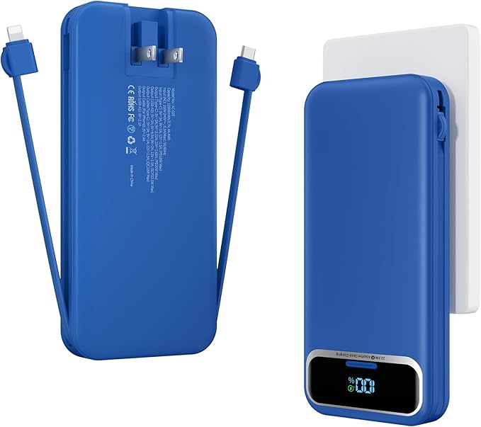 12000mAh Lightweight-Portable-Charger-Power-Bank with Built-in Cables and AC Wall Plug, PD20W USB-C Fast Charging Battery Pack, LED Display External Travel Phone Charger for All iPhone,Samsung,Android