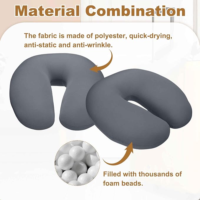 HARFINGTON Travel Pillow Airplane Neck Pillow U-Shaped Filled with Foam Beads Stuffable Classic for Sleeping Neck Chin Lumbar Support, Gray