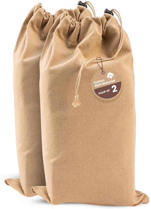 LFH Cotton Rich Shoe Storage Bags with Drawstring, Dustproof Breathable Reusable Organizer, Perfect For Travel, Dorm, Hotel, College, Gym, Easy to Carry, Machine Washable 8"x17" (Pack of 2) - Beige