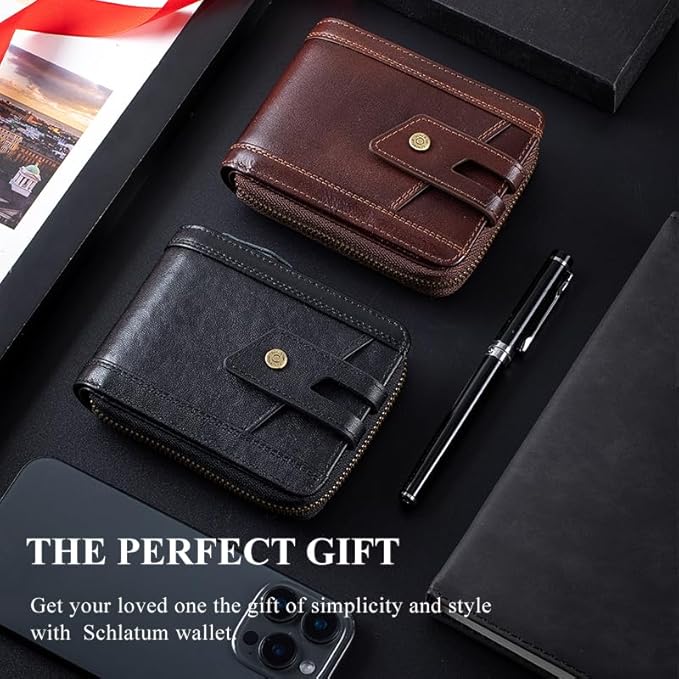 Genuine Leather Men's Wallet with Zipper Vintage RFID Blocking Large Capacity Wallet for Men with 11 Credit Card Slots and 1 ID Window (Coffee)