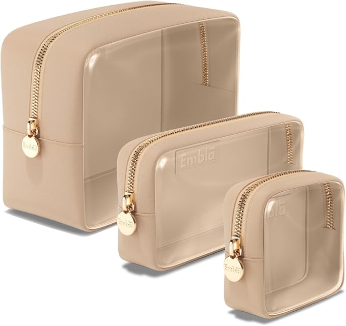 Clear Cosmetic Bags Set of 3, Mini Small Large Makeup Bags For Women Clear Pouch Cosmetics Cases Zipper Cute Pouches Make Up Travel Toiletry Essentials Preppy Purse Organizer Makeup Cases, Sand