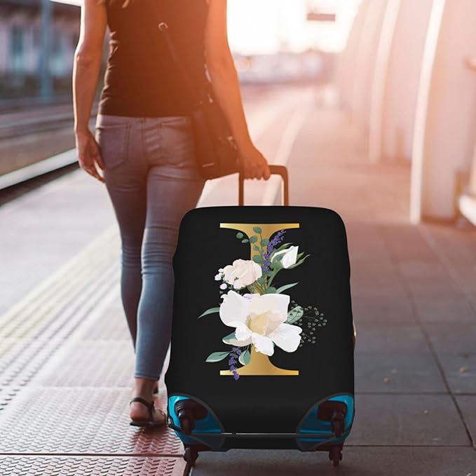 Flower Lette I Black Luggage Cover Elastic Washable Stretch Suitcase Protector Anti-Scratch Travel Suitcase Cover for Kid and Adult L (25-28 inch suitcase)