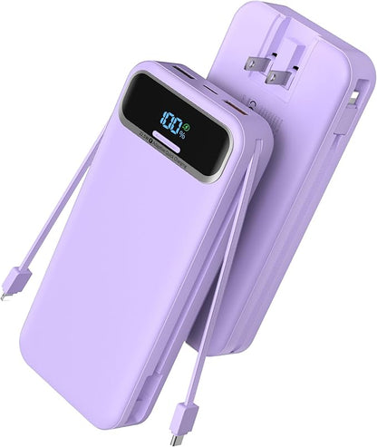 Portable Charger Power Bank with Built in Cables and AC Wall Plug, PD20W & SCP22.5W USB-C Super Fast Charging, 20000mAh Travel Phone Charging, LED Display Battery Pack Compatible All iPhone etc