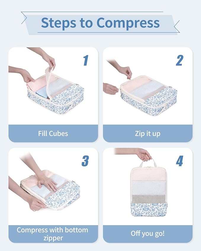 Narwey 6 Set Compression Packing Cubes for Travel Kids Women Carry on, Packing Organizers Bag for Backpack Luggage Suitcase Duffle Bags
