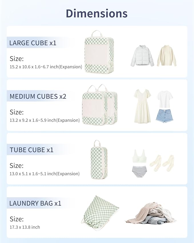 Narwey 5 Set Compression Packing Cubes for Travel, Luggage Packing Organizer Bags for Carry on Suitcase, Expandable Checkered Storage Bags with Laundry & Handle (Mint Green Checkerboard)