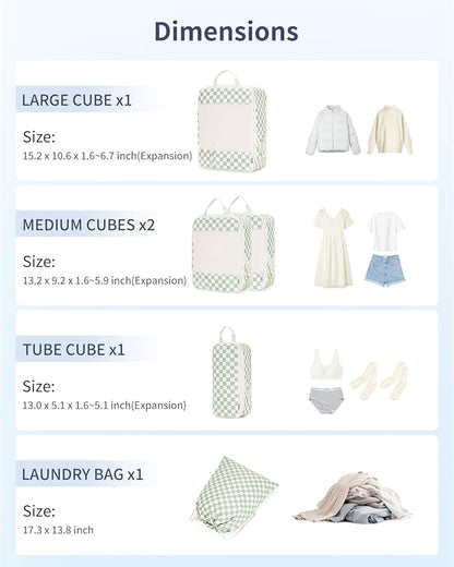 Narwey 5 Set Compression Packing Cubes for Travel, Luggage Packing Organizer Bags for Carry on Suitcase, Expandable Checkered Storage Bags with Laundry & Handle (Mint Green Checkerboard)