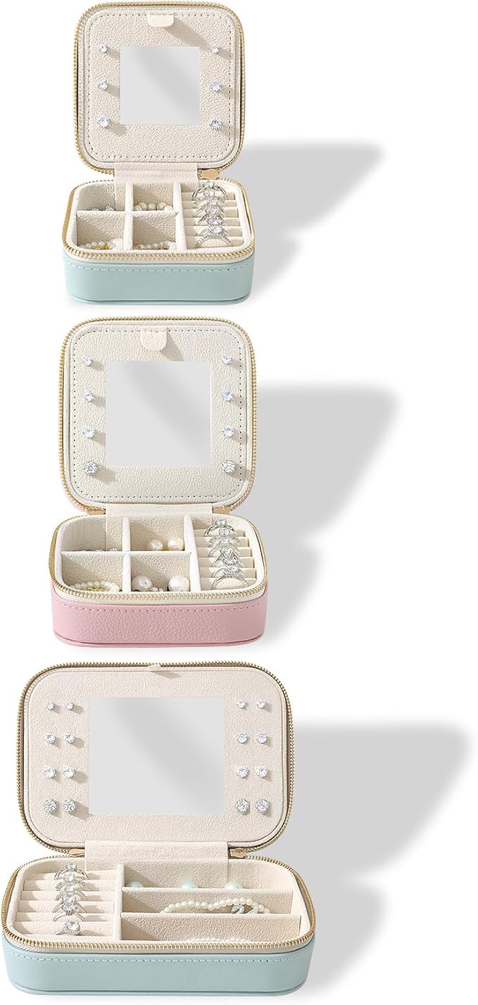 Genuine Leather Travel Jewelry Organizer Case with Mirror for Women, Small Mini Portable Jewelry Box for Ring Earrings Necklace Bracelet Luxury Gift for Women（Pink）