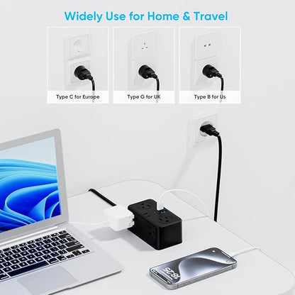 European Travel Plug Adapter, EU/UK/US Travel Plug Adapter Power Strip, 6 AC Outlets, 4 USB Ports (2 USB C), 3ft Wrapped Around Extension Cord, Compact for Travel, Black