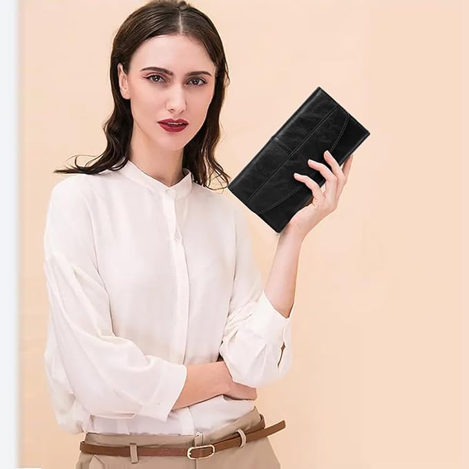 RFID Blocking Genuine Leather Wallet for Men and Women Large Capacity Phone and Credit Card Holder Organizer Purse (Black)