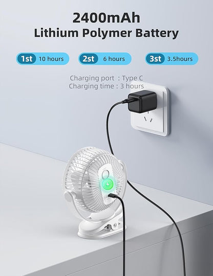 usb Personal Clip on Fan 2400mAh Battery Operated 6in, Type C, 3 Speed, 720 adjustment, Small Portable Fan for Table, Bedroom, Desk, dormitory, Camping, Stroller, Golf Cart