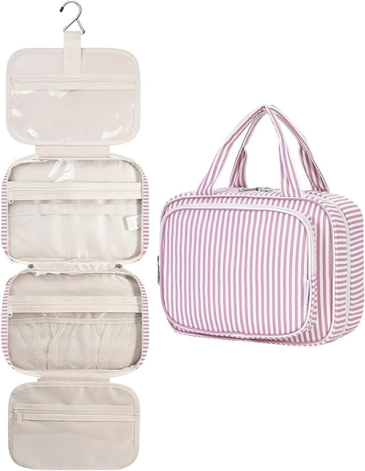 Narwey Striped Hanging Toiletry Bag for Women Travel Makeup Bag Organizer Toiletries Bag for Travel Size Essentials Accessories Cosmetics (Dusty Pink Stripe (Medium))
