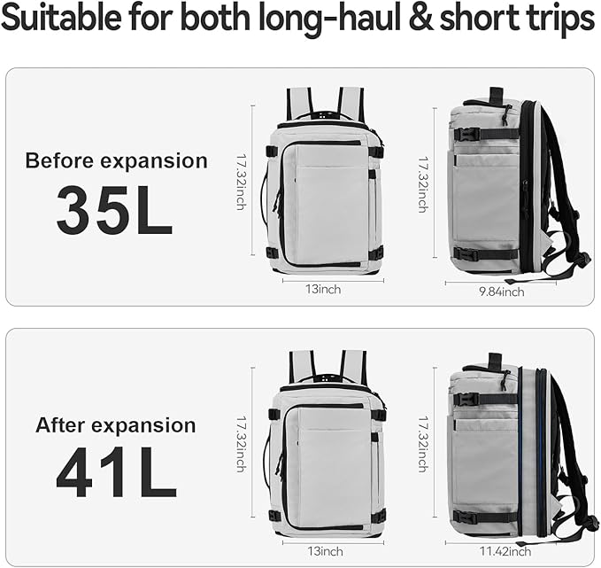 Carry On Travel Backpack with Shoe Compartment Flight Approved Laptop Backpack Expandable Work Business Backpack for Women Men Casual Daypack, Light Gray
